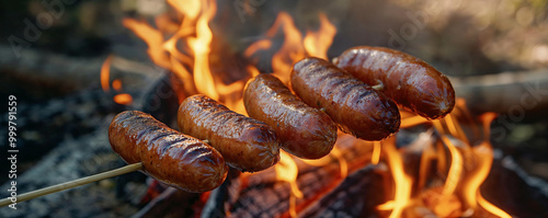 Roasting sausage or Bratwurst on a stick on fire