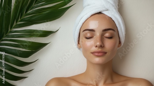 A content woman relaxes with eyes closed, her hair wrapped in a towel, emphasizing self-care and relaxation, as palm leaves add a tropical flair.