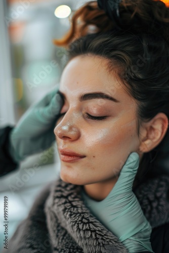 A woman sitting in a beauty salon, having her makeup applied by a professional