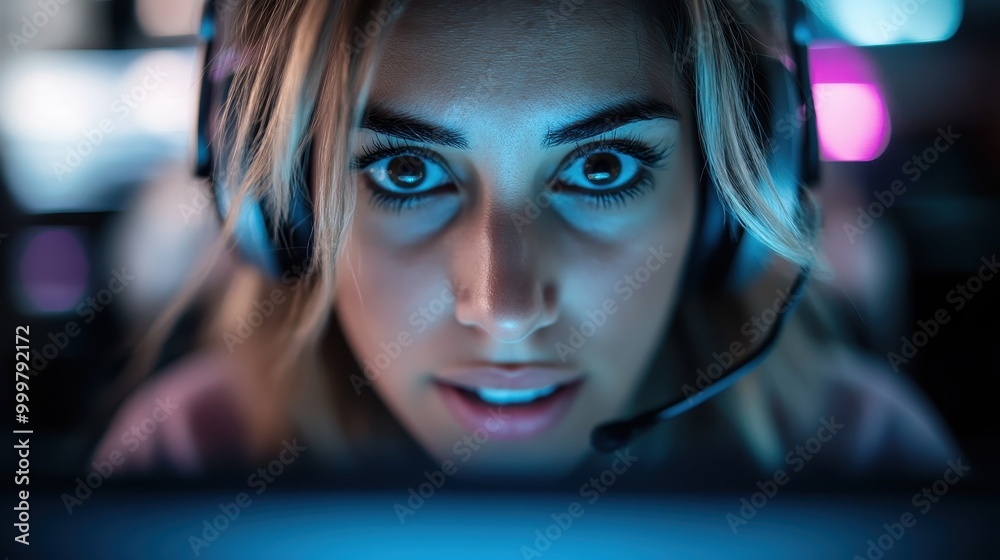 The image portrays a woman deeply immersed in gaming, her large eyes glancing at the screen while wearing a vibrant headset, against a neon lighting setting. The image portrays a woman deeply immersed in gaming, her large eyes glancing at the screen while wearing a vibrant headset, against a neon lighting setting.