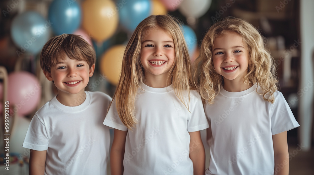 cute smiling children in white t-shirts stand on a festive background cute smiling children in white t-shirts stand on a festive background