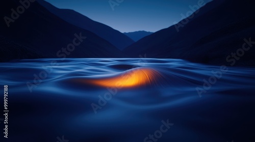 Calm water surface reflecting orange light photo