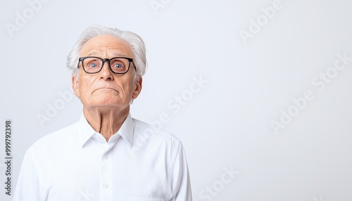 Elderly man with glasses, serious expression