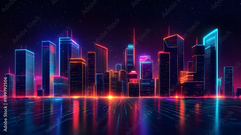 Smart city 3D neon glowing cityscape. Intelligent building automation night futuristic business concept. Web online vivid color cyberpunk retrowave. Urban technology banner vector illustration. Smart city 3D neon glowing cityscape. Intelligent building automation night futuristic business concept. Web online vivid color cyberpunk retrowave. Urban technology banner vector illustration.