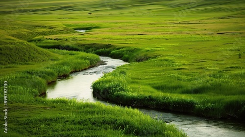 Beautiful Grassland River and Green Grassland Background: A Serene Natural Scene. Admire the Peace and Beauty