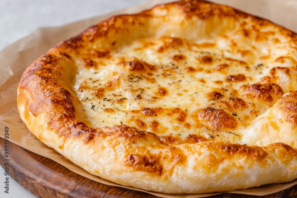 modern take on Khachapuri, The crust is golden and flaky, while the melted cheese is lightly browned. The dish is set against a neutral background modern take on Khachapuri, The crust is golden and flaky, while the melted cheese is lightly browned. The dish is set against a neutral background