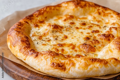 modern take on Khachapuri, The crust is golden and flaky, while the melted cheese is lightly browned. The dish is set against a neutral background