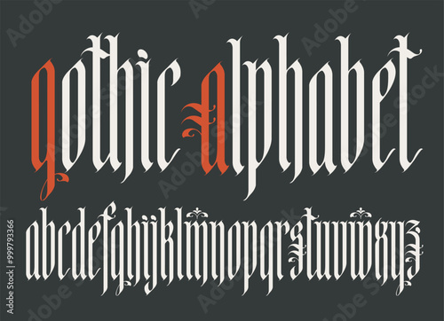 Gothic font. Full set of letters of the English alphabet in vintage style. Medieval Latin letters. Vector calligraphy and lettering. Suitable for tattoo, label, headline, poster, etc.