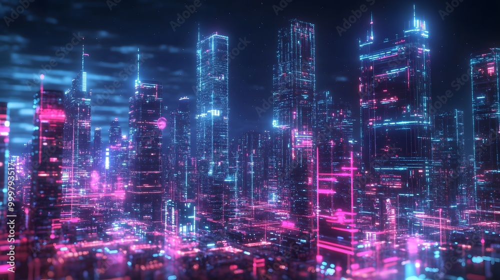 Smart city 3D neon glowing cityscape. Intelligent building automation night futuristic business concept. Web online vivid color cyberpunk retrowave. Urban technology banner vector illustration. Smart city 3D neon glowing cityscape. Intelligent building automation night futuristic business concept. Web online vivid color cyberpunk retrowave. Urban technology banner vector illustration.