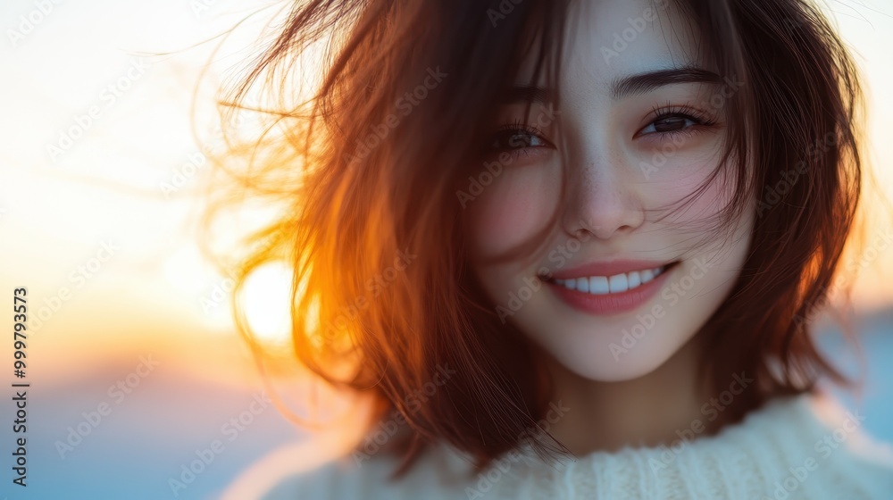 A woman with a warm smile stands by the beach at sunrise, her hair slightly windswept, capturing the essence of joy and contentment in the moment. A woman with a warm smile stands by the beach at sunrise, her hair slightly windswept, capturing the essence of joy and contentment in the moment.