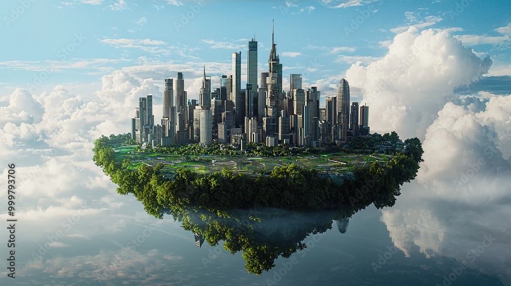 Fototapeta premium A futuristic city floating in the sky, surrounded by fluffy clouds.