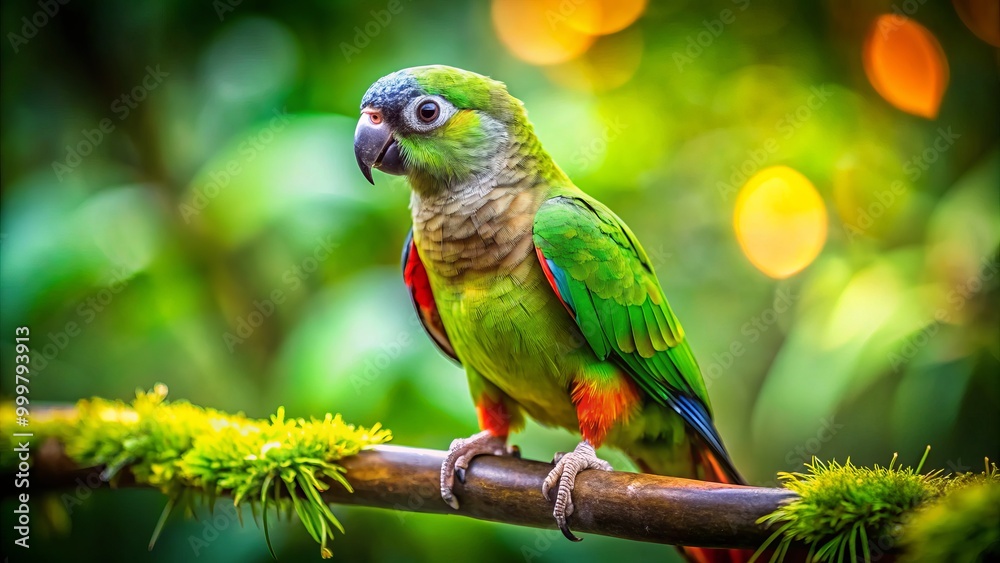 Nestled among vibrant foliage, a striking green-cheeked parakeet perches elegantly on a branch, its vivid plumage