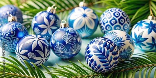 Hawaiian inspired blue and white ornaments with a tilted angle photo