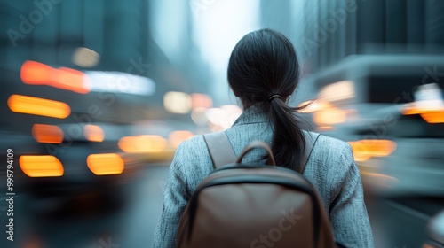 A motion-blurred image capturing a person with a backpack walking in a bustling city street, representing the fast-paced urban life and the constant movement and dynamism within it. photo