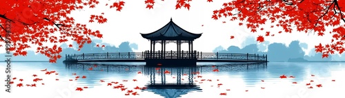 A traditional pavilion on a bridge over a serene lake with red leaves falling.