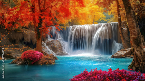 Fantasy waterfall with autumn trees and beautiful flowers, idyllic landscape