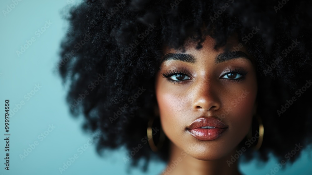A stunning image of a woman with captivating natural hair set against a soft blue background, highlighting elegance and empowerment through contemporary portraiture. A stunning image of a woman with captivating natural hair set against a soft blue background, highlighting elegance and empowerment through contemporary portraiture.