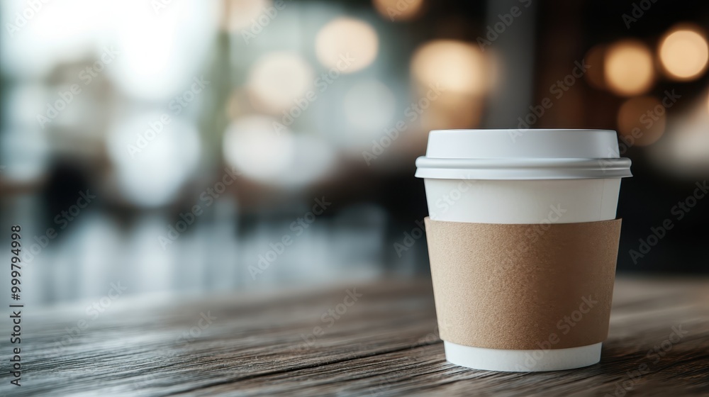 A takeaway coffee cup with a brown sleeve sits on a wooden table in a busy cafe, focusing on the convenience and modern lifestyle associated with coffee on-the-go. A takeaway coffee cup with a brown sleeve sits on a wooden table in a busy cafe, focusing on the convenience and modern lifestyle associated with coffee on-the-go.