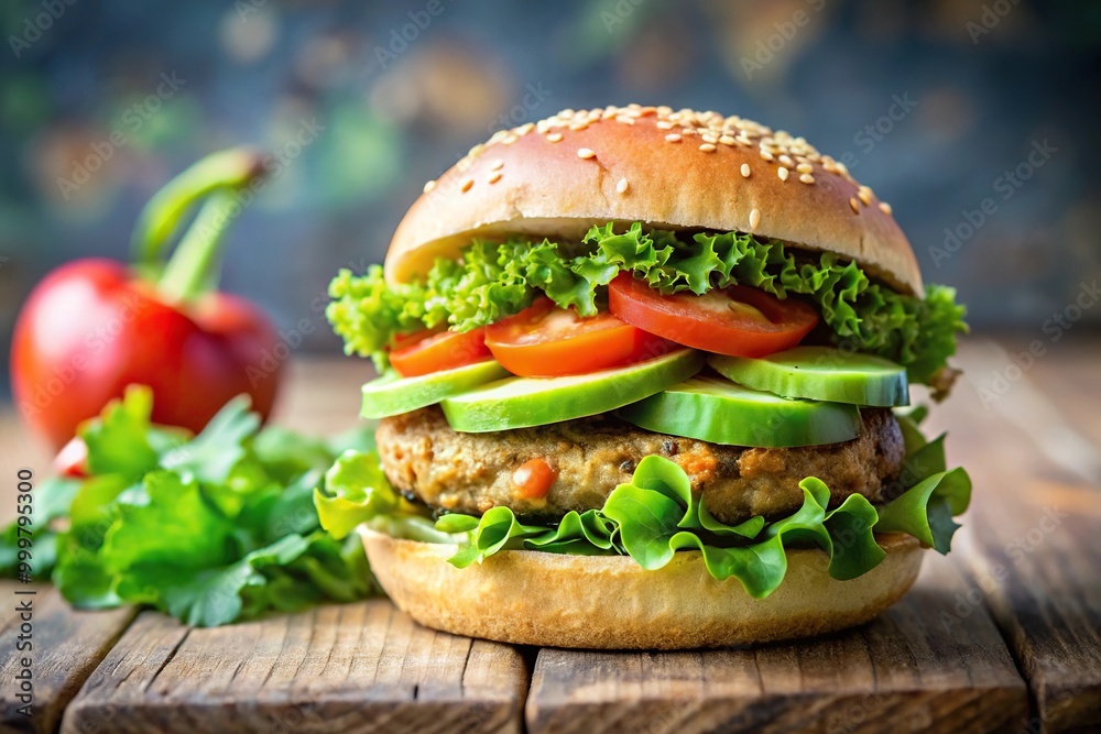 Healthy vegan burger with avocado, lettuce, tomato, sesame seeds Healthy vegan burger with avocado, lettuce, tomato, sesame seeds