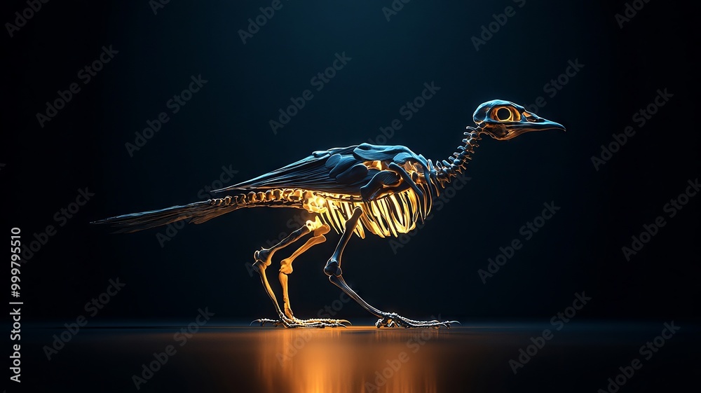 Fototapeta premium Mechanical bird skeleton lit dramatically against dark backdrop