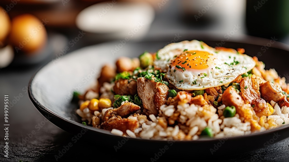 A flavorful rice bowl topped with tender chicken, mixed vegetables, and a sunny-side-up fried egg. This dish is perfect for representing vibrant, healthy eating. A flavorful rice bowl topped with tender chicken, mixed vegetables, and a sunny-side-up fried egg. This dish is perfect for representing vibrant, healthy eating.