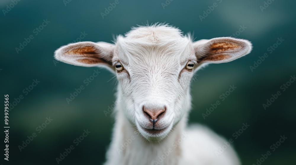 A frontal portrait shot of a goat, showcasing its white fur and distinct facial features, with a natural and serene green background adding to the beauty of the scene. A frontal portrait shot of a goat, showcasing its white fur and distinct facial features, with a natural and serene green background adding to the beauty of the scene.
