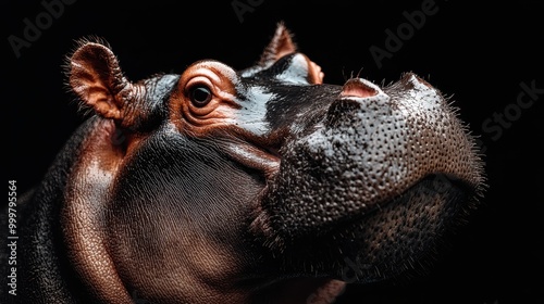 A striking close-up image showcasing the detailed texture of a hippopotamus's face. The intricacies of its skin and features are captured vividly against a dark background. photo