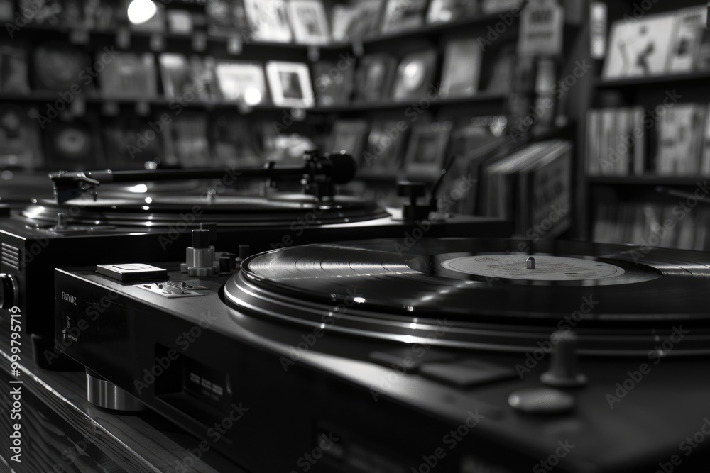 A classic record player with a vinyl record playing on it A classic record player with a vinyl record playing on it