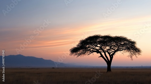 A solitary Acacia tree stands tall in the African savanna during sunrise, capturing the vastness and beauty of the landscape, ideal for nature and serenity enthusiasts.