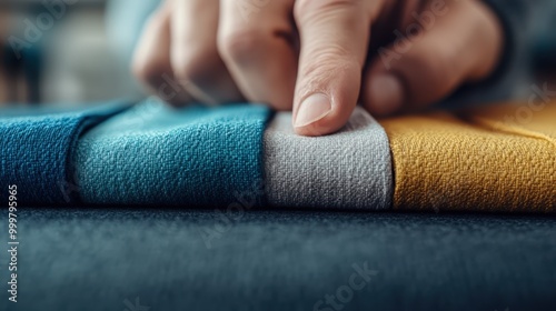 A hand meticulously selecting from a beautiful array of colorful fabrics, showcasing a close-up view of different textures and colors, highlighting the art of fabric choice.