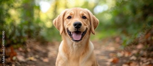 Golden Retriever Dog Looking Curious in Autumn Forest. photo