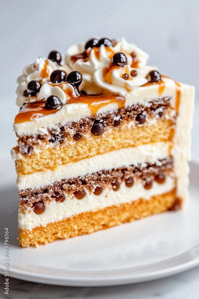 slice of sponge cake infused with brown sugar boba pearls. The cake is light and fluffy, with boba pearls layered throughout slice of sponge cake infused with brown sugar boba pearls. The cake is light and fluffy, with boba pearls layered throughout