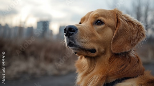 Golden Retriever Dog Standing on Grass with Curious Expression