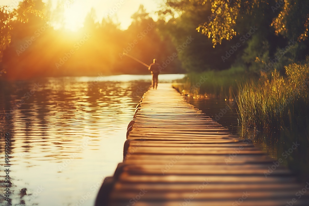 Obraz premium Fisherman walking along wooden pier at sunset fishing in lake