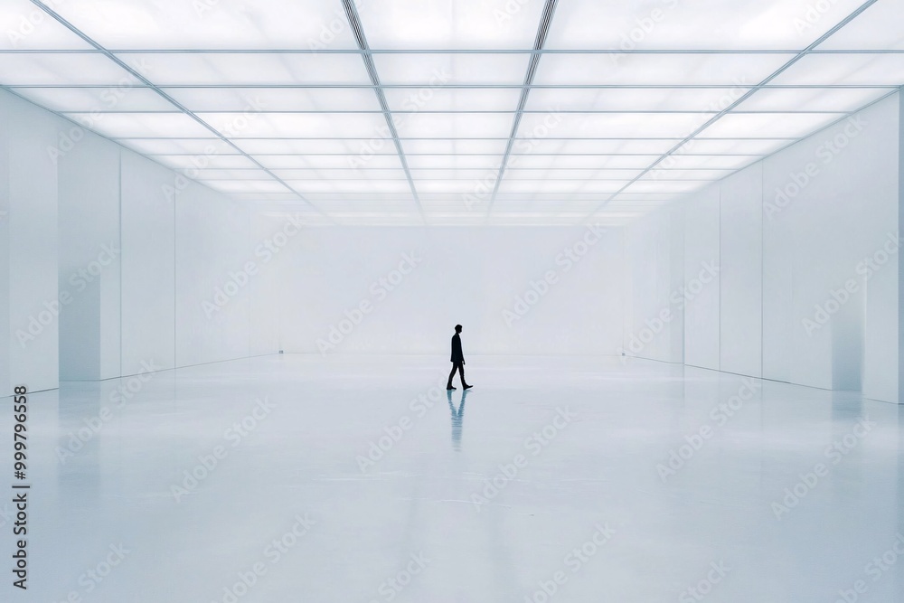Minimalist White Room with Grid Ceiling and Single Figure Minimalist White Room with Grid Ceiling and Single Figure