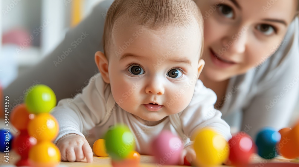 Obraz premium Baby exploring colorful toys with attentive mother in a cozy indoor setting.