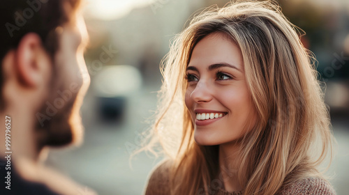 Smiling woman outdoors enjoying a sunny day in the city, sharing a joyful moment with a friend during a lively and bustling afternoon