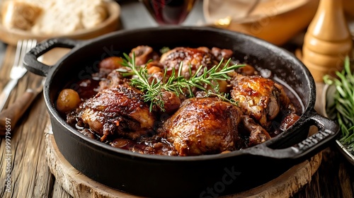 Chicken Stew with Rosemary and Red Wine in Cast Iron Skillet