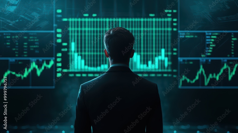 Businessman analyzing financial data on digital screens with graphs. Businessman analyzing financial data on digital screens with graphs.