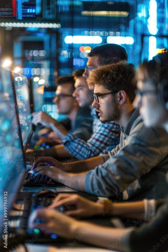 Group of men sitting in front of computers, focused on work Group of men sitting in front of computers, focused on work