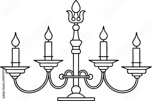 Single line art Candle and Candlestick Chandelier illustration on black and white.