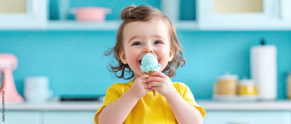 Child enjoying mint ice cream in a colorful kitchen, smiling happily. Child enjoying mint ice cream in a colorful kitchen, smiling happily.
