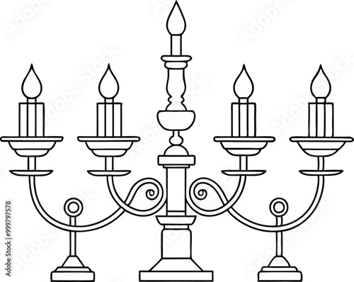 Single line art Candle and Candlestick Chandelier illustration on black and white.