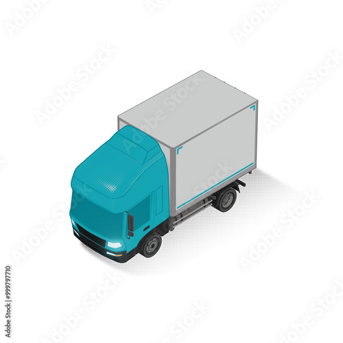 3D Isometric Cargo Truck Half Tone Vector Illustration Modern Cyan Cabine and White Van City Delivery Vehicle 4x2 Design for Logistics and Transport Presentation Social Media Video Promo Front Left photo