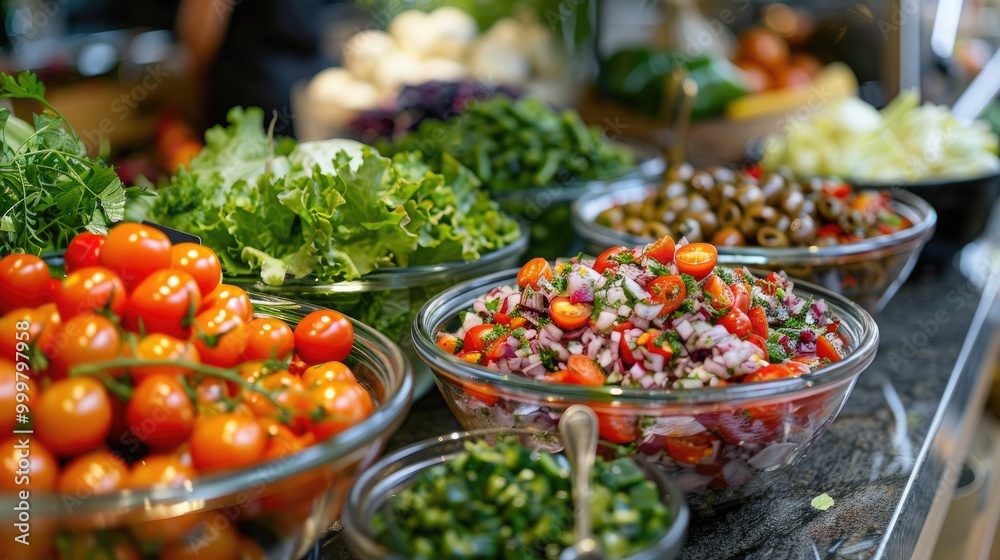Assortment of fresh ingredients for a salad bar, including tomatoes, lettuce, and olives. Assortment of fresh ingredients for a salad bar, including tomatoes, lettuce, and olives.