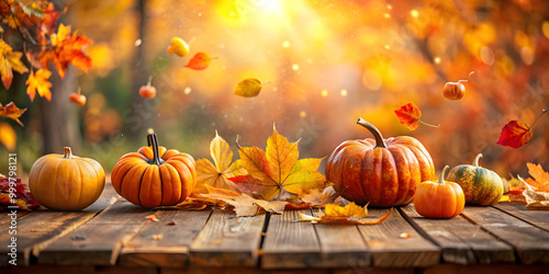 Autumn food background with pumpkins, berries, leaves and autumn decor. Thanksgiving background.