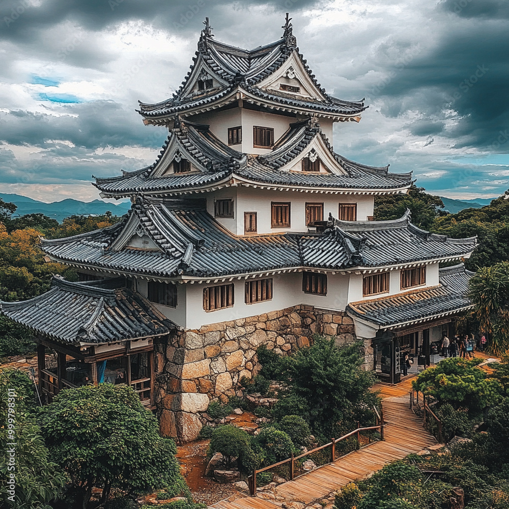 An ancient majestic Japanese castle with intricate architecture stands proudly amidst lush greenery, showcasing its historical significance and beauty An ancient majestic Japanese castle with intricate architecture stands proudly amidst lush greenery, showcasing its historical significance and beauty