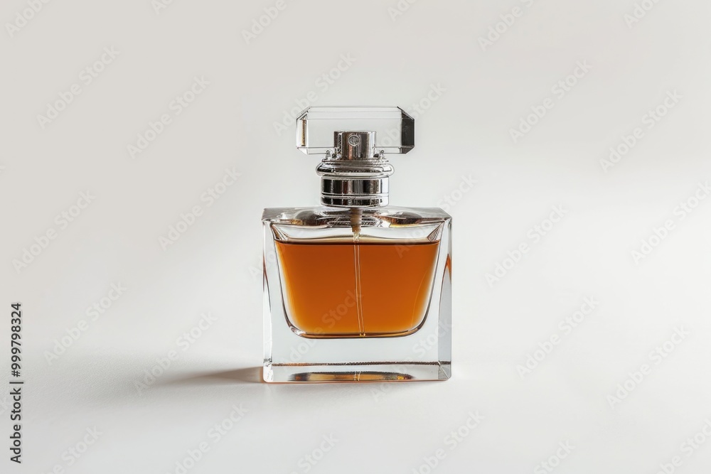 A fragrance bottle sits on a clean and simple white surface, waiting for use A fragrance bottle sits on a clean and simple white surface, waiting for use