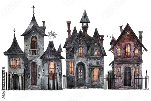 Watercolor black victorian house with pimkins halloween decor. Dark illustration on a white background 