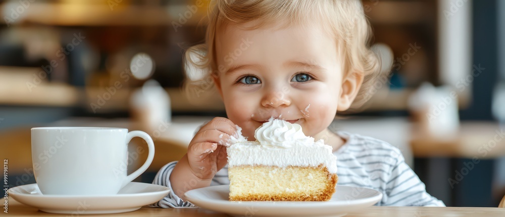 Cute toddler enjoying cake with whipped cream and a cup of coffee in a cozy cafe. Cute toddler enjoying cake with whipped cream and a cup of coffee in a cozy cafe.